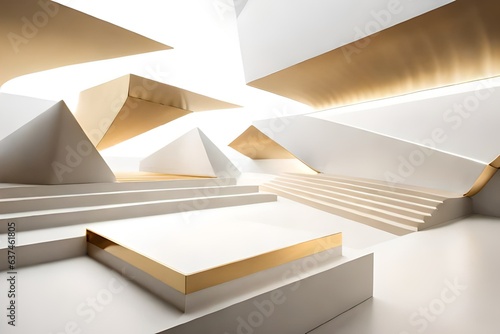 Abstract Podium minimal geometric white and gold.3D rendering