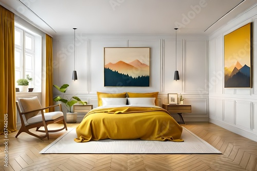 Cozy yellow bedroom interior with white walls. Scandinavian style bedroom. Mock up posters. 