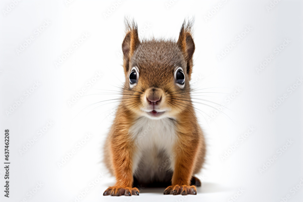 a squirrel sitting on a white surface with a white background