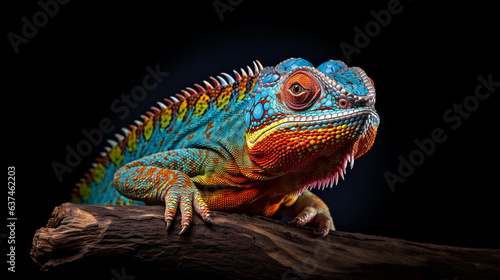 Bright chameleon on a dark background, soft light. © ArturSniezhyn