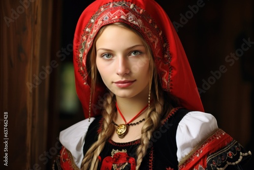 Portrait of an alluring young lady in a Russian folk costume