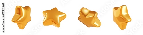Flying golden glossy star in different angles 3d illustration set.