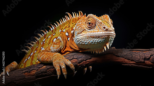 Bright chameleon on a dark background  soft light.