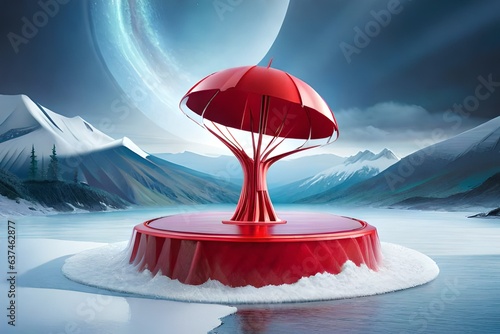 the product display stand and red water splashing on background.3D rendering