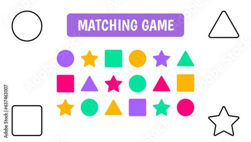 Geometric shapes for kids. Set of colorful different shapes. Logic worksheet for kids. Kindergarten children game. Square, triangle, circle math figure child preschool activity. Vector illustration