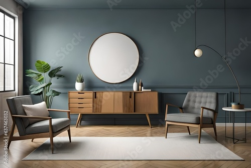 Front view on dark living room interior with empty white poster on sideboard ...