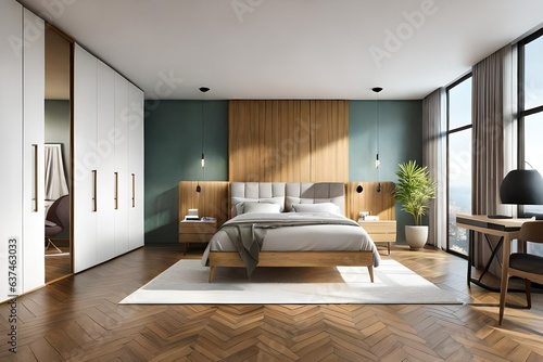 modern bedroom with door and wooden floor, bed with wooden bedhead and bedside table with hanging light , white door with carpet interior design concept 