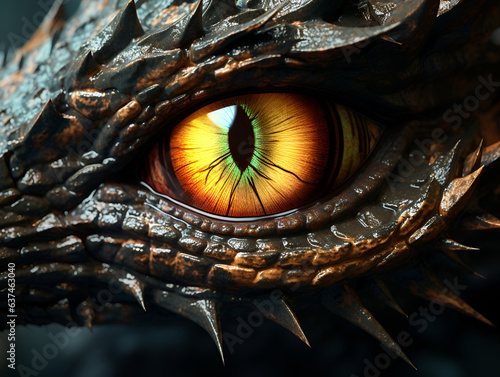 Dragon eye. Yellow green eye of a brown wooden Dragon. Yellow eyes. Mythological creatures concept. Animal eye. Fantastic monster. Ancient reptile. Dark tones. 3D illustration. Symbol of the year 2024