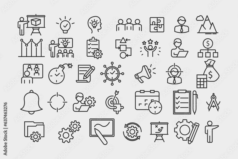 Project management set of web icons in line style. Business or organization management icons for web and mobile app. Time management, planning, project, startup, marketing. vector illustration sign