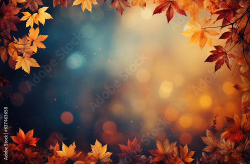 Framed frame of autumnal colourful leaves, in the style of spectacular backdrops, bokeh