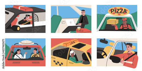 Cartoon people in car. Drivers and passengers in automobiles. Personal and service vehicles. Pizza delivery. Men or women travel comfortably. Police patrol. Auto transportation vector set