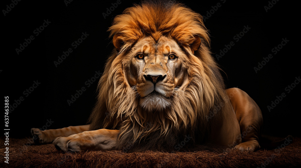 Beautiful lion on a dark background, straight view.