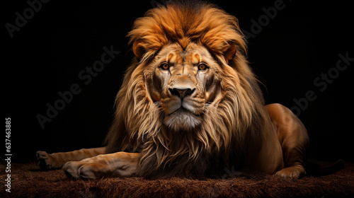 Beautiful lion on a dark background  straight view.