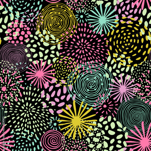 Abstract hand drawn fireworks seamless pattern.