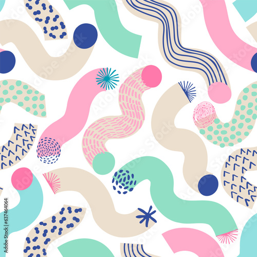Colorful geometric lines, doodle seamless pattern. Wavy squiggle shapes texture background.