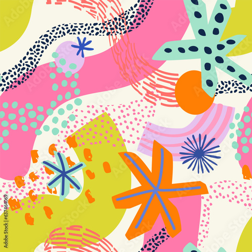 Abstract fun shapes, cartoon grunge texture, brush strokes, doodle geometric background.