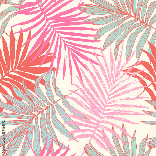 Colorful tropical leaves seamless pattern. Summer palm leaf background.