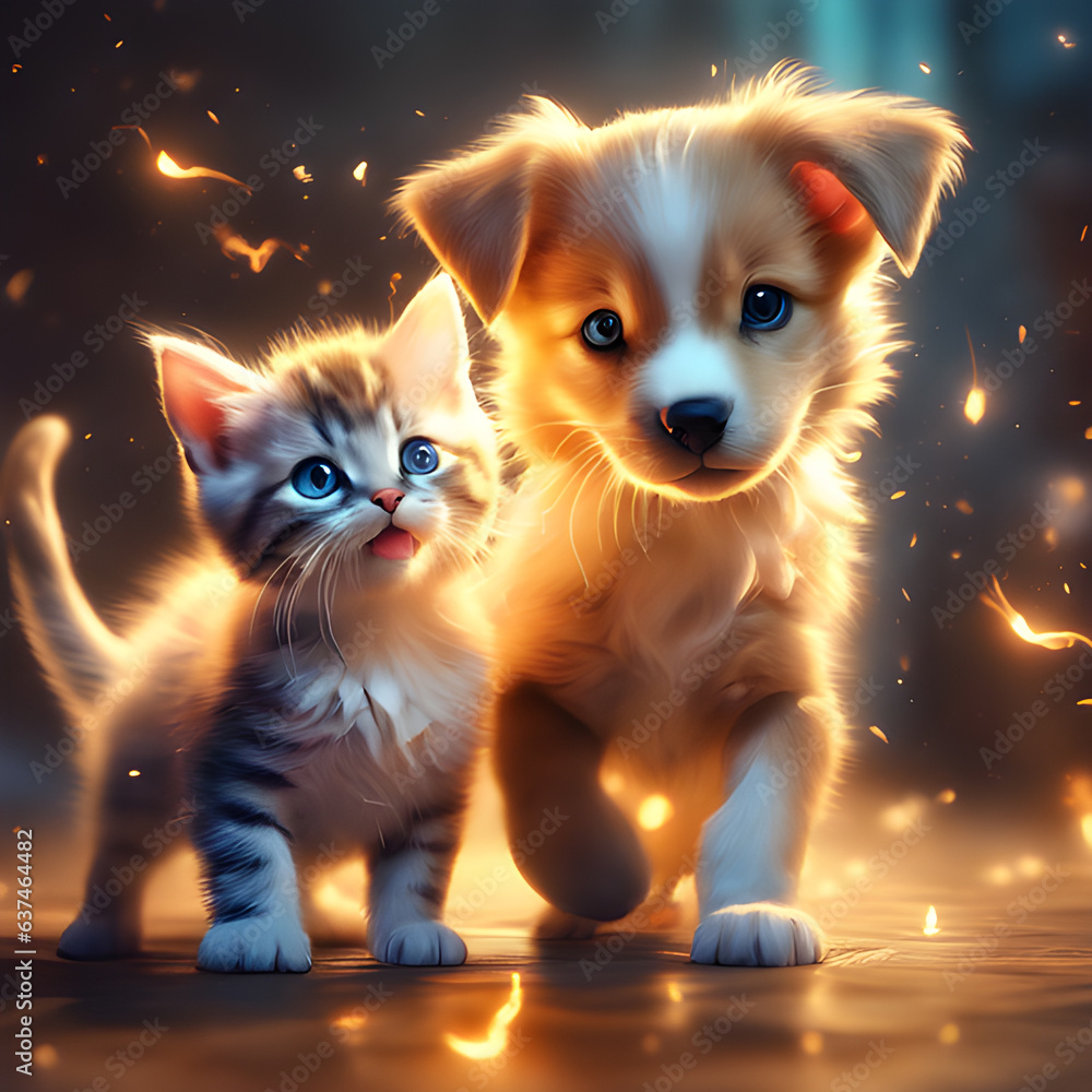 Lovely magical  cute puppy and kitten