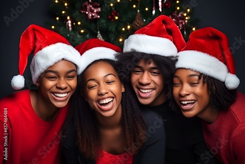 Portrait four happy black teenagers friend in Santa hats, Xmas holiday, Close-up, Al Generated