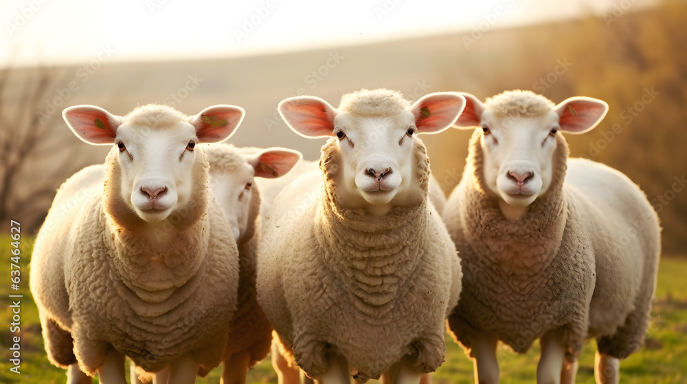 Flock of sheep in green pasture. Lamb group Flock of sheep in green pasture. Lamb group