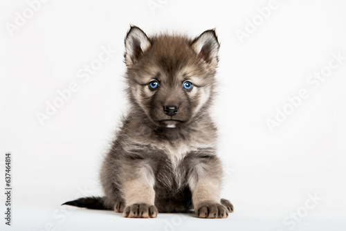 a puppy with blue eyes sitting on a white surface