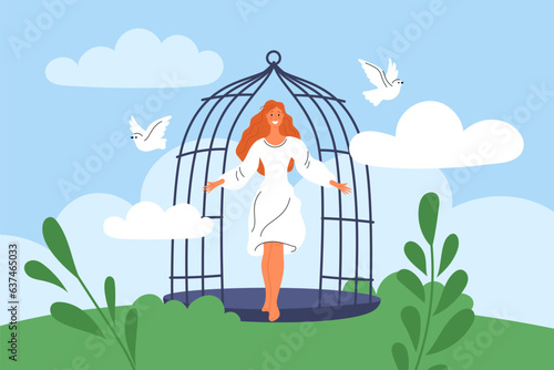 Gaining freedom. Beautiful girl comes out of open cage. Happy woman goes free. Pigeons flying. Releasing girl from birdcage. Breaking shackles. Female leaving cell. Garish vector concept