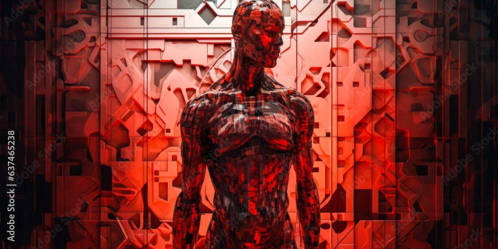 Intriguing red metallic human figure amid dark industrial scene, geometric shapes, lively reflections stir curiosity. Ideal for creative marketing campaigns. Intriguing red metallic human figure amid dark industrial scene, geometric shapes, lively reflections stir curiosity. Ideal for creative marketing campaigns.