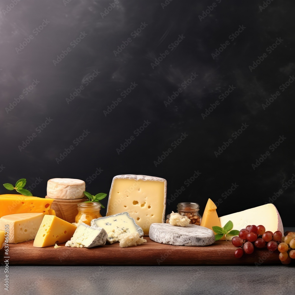 Various types of cheese on the dark background. Generative AI.