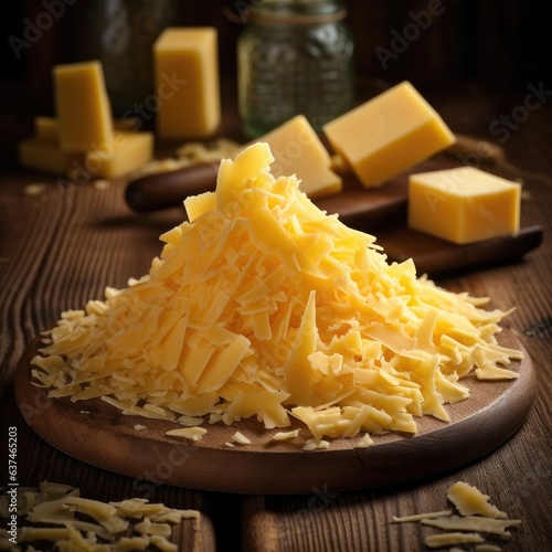 Grated Cheddar cheese on an old vintage wooden table. Close-up shot. Generative AI.