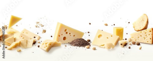 Parmesan cheese flying in different directions with crumbs on a white background. Generative AI.