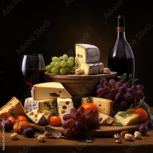 Various types of cheese and red wine on the wooden table. Generative AI.