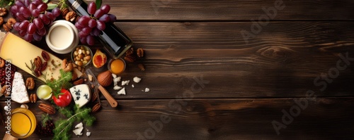 Various types of cheese and red wine on the wooden table. Generative AI.