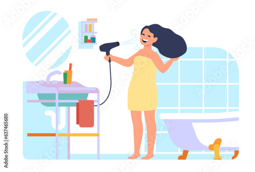 Girl dries hair with hair dryer in front of mirror. Bathroom interior. Home beauty procedure after bathing. Woman making hairstyle with hairdryer. Toilet bath and sink. Vector concept