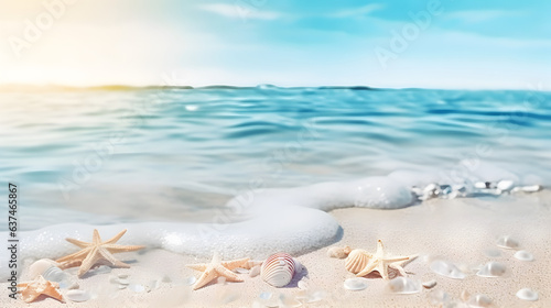 Shells and starfish at the sandy beach. Summer beach background.