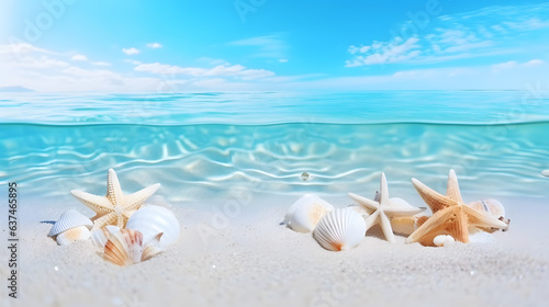 Shells and starfish in sea water. Summer beach background.