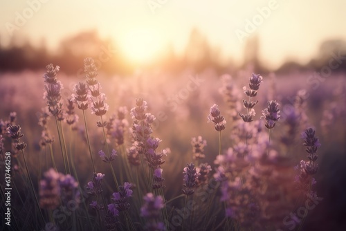 A vibrant field of lavender flowers with a stunning sunlit backdrop