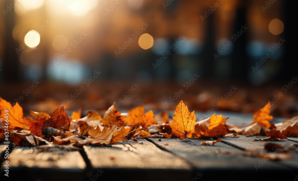 Autumn background on a wooden table with autumn leaves falling on it, photorealistic style.