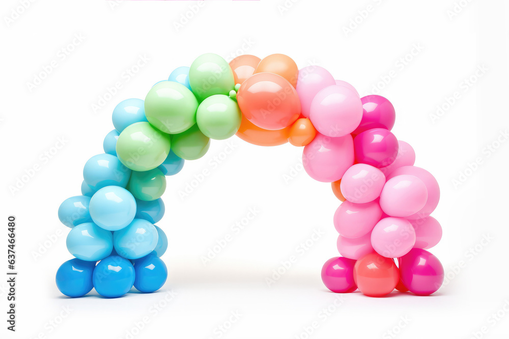 Vibrant Balloon Art in a Unique Arch Isolated on White - Immerse yourself in the celebration of colors as an exquisite balloon art arch graces the scene. 3D Rendering - obrazy, fototapety, plakaty 