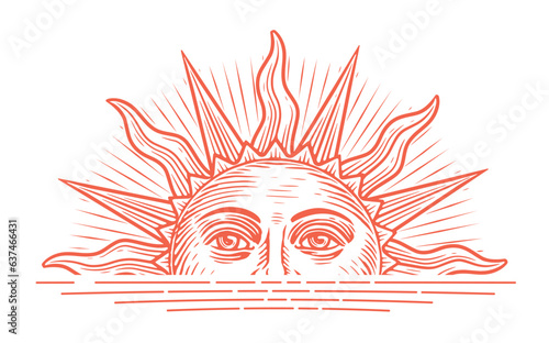 Sea waves and rising sun. Sunset or sunrise. Morning, vintage vector illustration engraving style