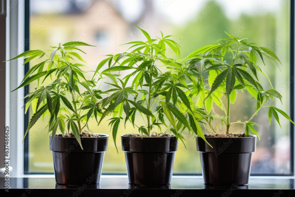 three home-grown cannabis plants in flower pot on window sill at home - obrazy, fototapety, plakaty 