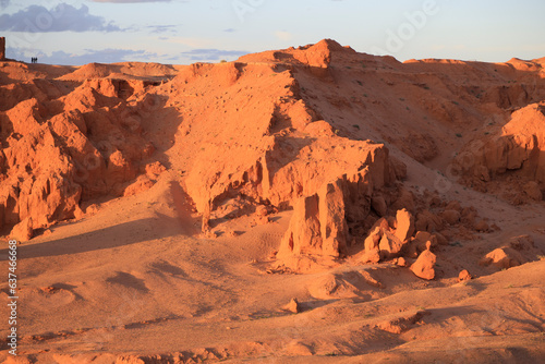 The rock formations of Bayanzag flaming cliff at sunset, Mongolia photo