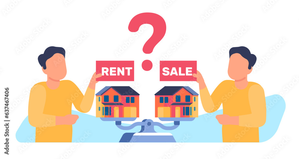 Man chooses between renting and buying real estate. Thoughtful person making decision. Solve dilemma question. House on scales. Rental residential building. Home ownership. Vector concept Man chooses between renting and buying real estate. Thoughtful person making decision. Solve dilemma question. House on scales. Rental residential building. Home ownership. Vector concept