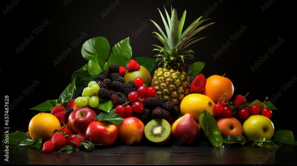 A bunch of fruit that are on a black background. AI generative.