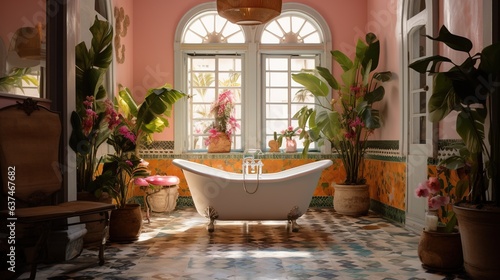 Generative AI, retro boho hotel bathroom, Puerto Rico style. Bright colors and plants