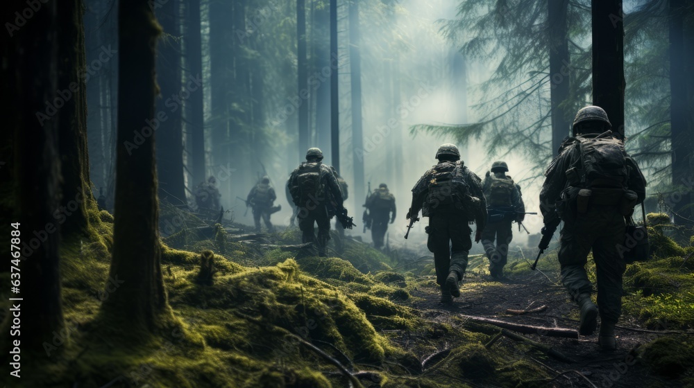 A group of armed US soldiers marching in forest. Ai generative. A group of armed US soldiers marching in forest. Ai generative.