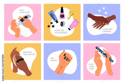 Manicure salon cards. Cosmetic procedures for nails and hand skin. Moisturizing cream applying. Nutrition lotion. Fingernail polishing and decoration. Beauty banners. Garish vector set