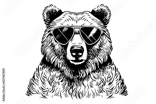 Ink hand drawing sketch bear mascot or logotype head in sunglases. Vector Illustration in engraving style.