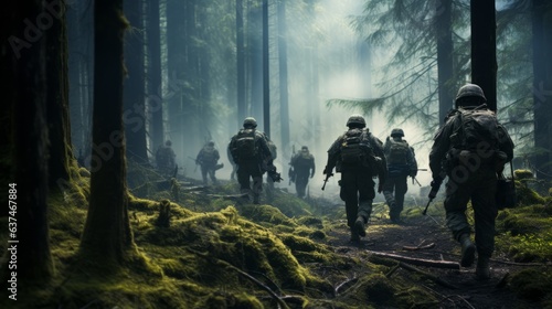 A group of armed US soldiers marching in forest. Ai generative.