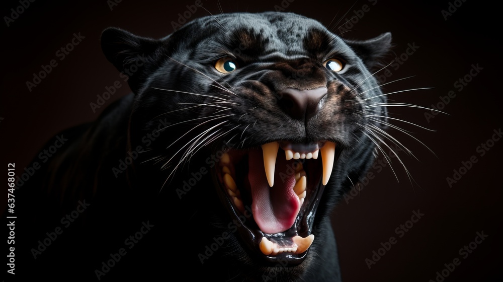 A isolated screaming black jaguar on black background. AI generative.