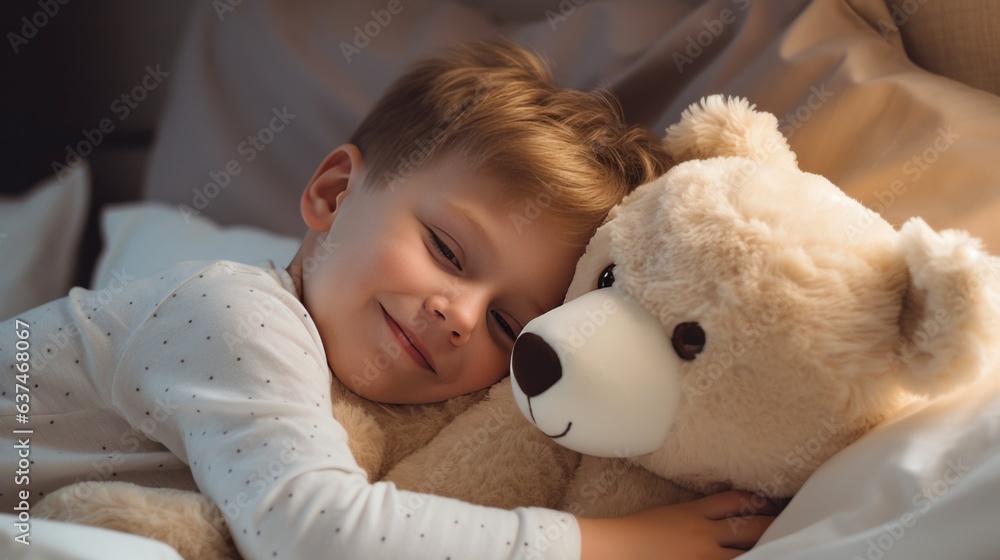 A little cute boy in white pajamas in bed with a teddy bear. AI generative.